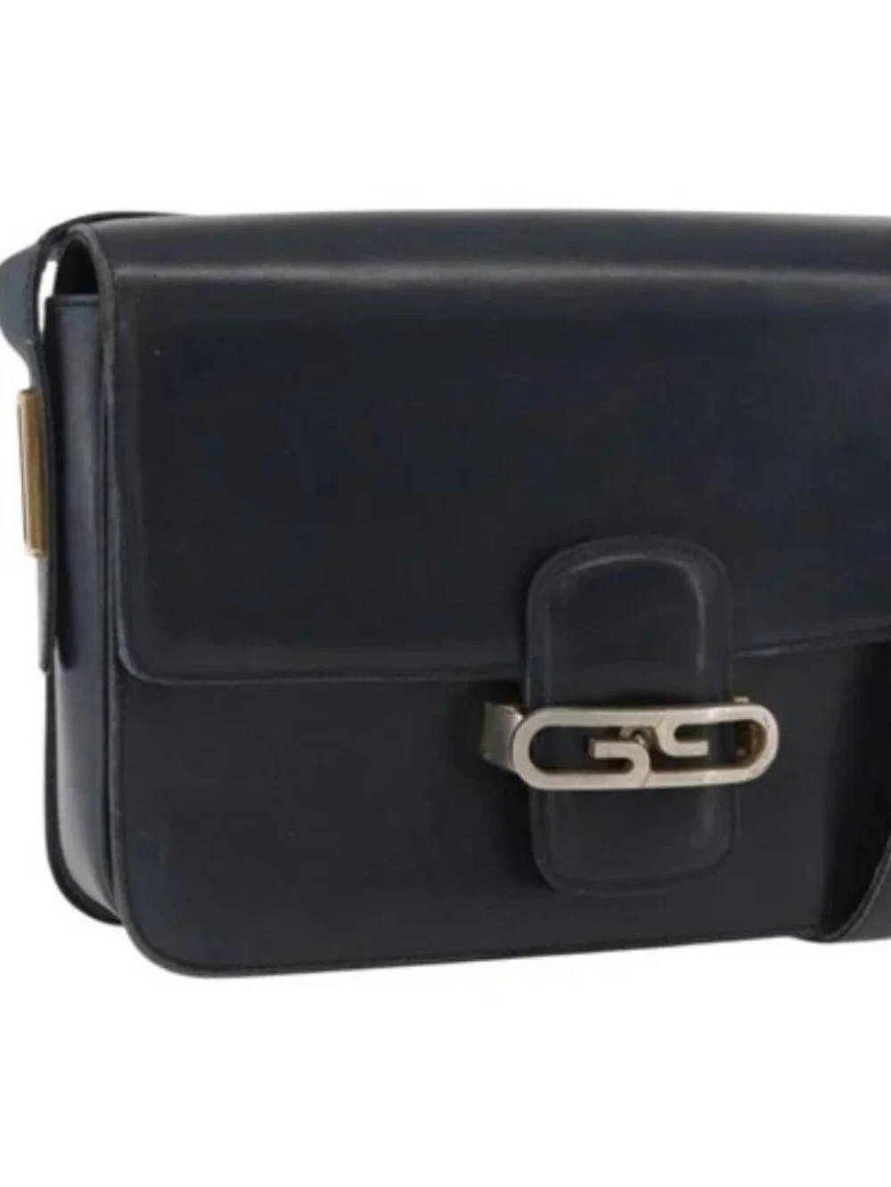 GUCCI Shoulder Bag Leather Navy Gold Auth YKZ288